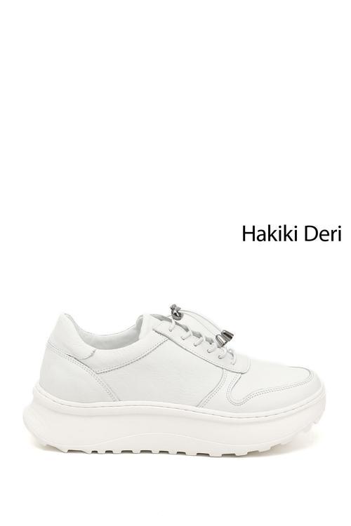 Kadın Beyaz Lastik Bağcıklı Comfort Hakiki Deri Sneaker