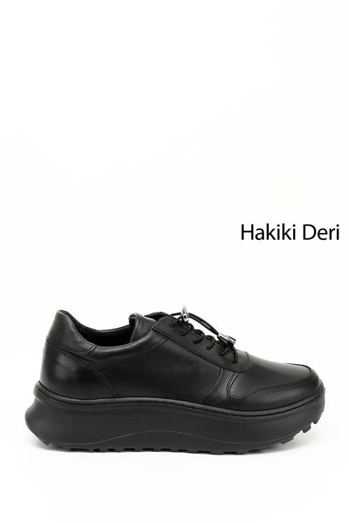 Kadın Siyah Lastik Bağcıklı Comfort Hakiki Deri Sneaker