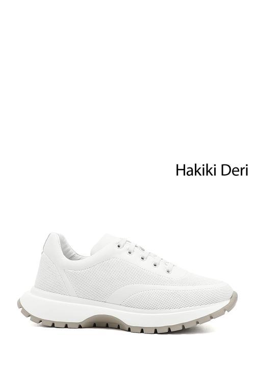 Kadın Beyaz Lastik Bağcıklı Hakiki Deri Sneaker