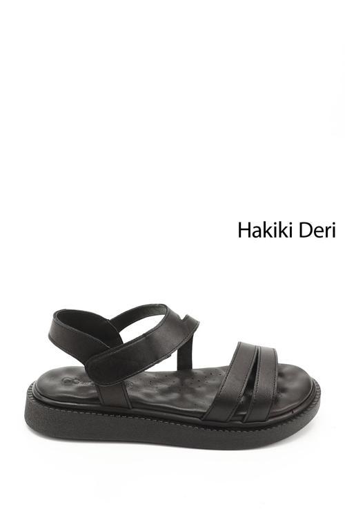 Kadın Siyah Cırt Bantlı Hakiki Deri Comfort Sandalet