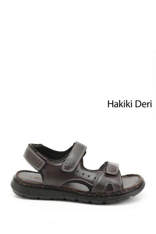 Erkek Kahverengi Ayarlanabilir Cırt Bantlı Hakiki Deri Sandalet