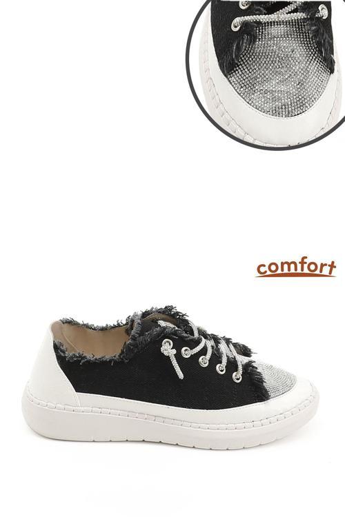 Kadın Siyah Kot Triko Taşlı Comfort Sneaker