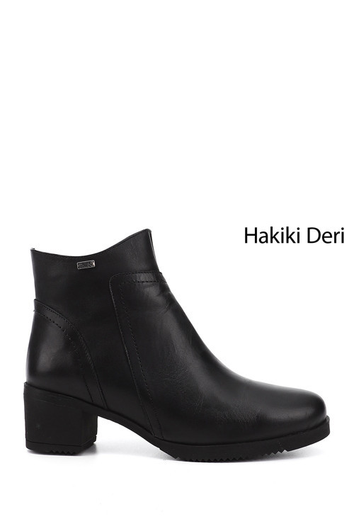Kadın Siyah Fermuarlı Kalın Topuklu Hakiki Deri Bot