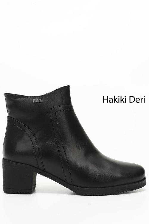 Kadın Siyah Fermuarlı Kalın Topuklu Hakiki Deri Bot