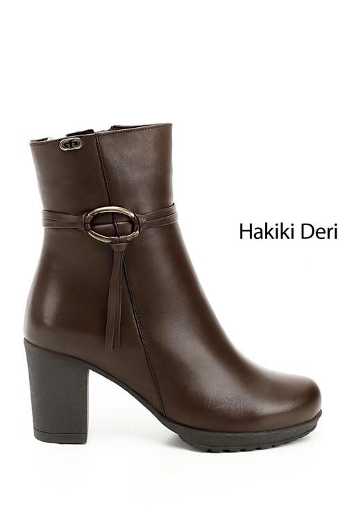 Kadın Kahve Antik Fermuarlı Kalın Topuklu Hakiki Deri Bot
