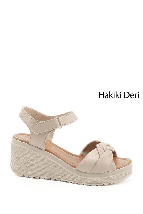 Kadın Vizon Bilekten Cırt Bantlı Dolgu Topuklu Hakiki Deri Sandalet