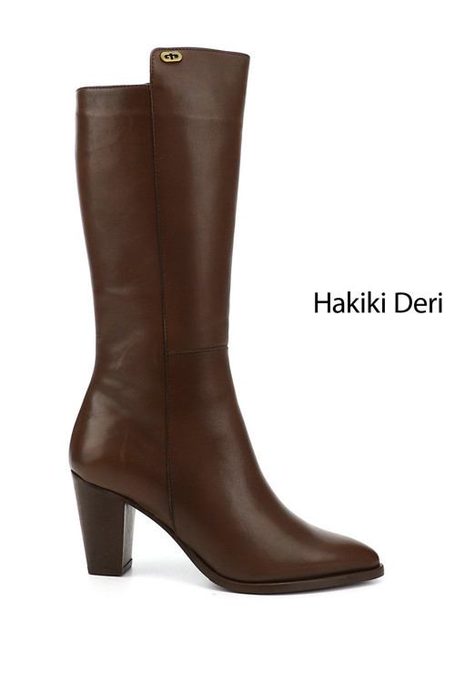 Kadın Kahve Antik Sivri Burun Kalın Topuklu Hakiki Deri Çizme