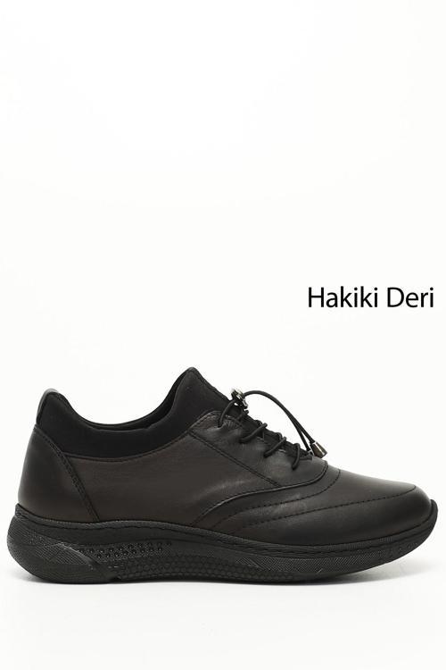 Kadın Siyah Bağcıklı Dolgu Taban Hakiki Deri Sneaker
