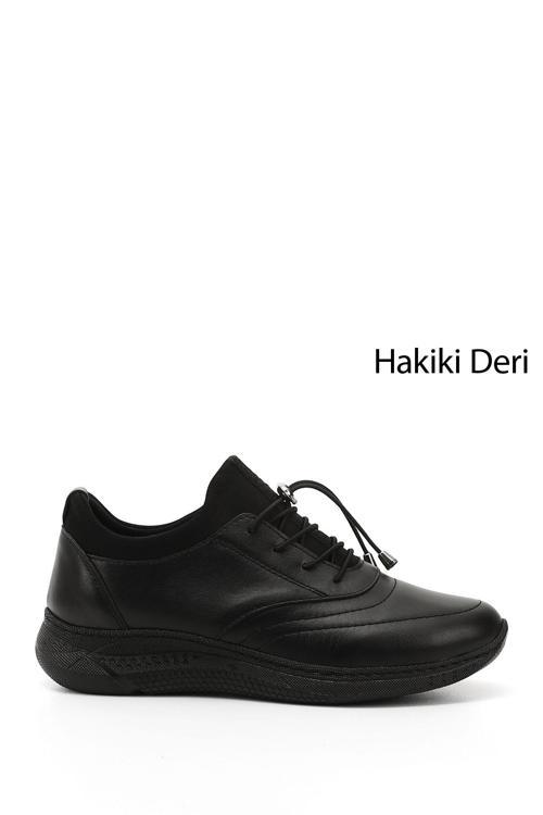 Kadın Siyah Bağcıklı Dolgu Taban Hakiki Deri Sneaker