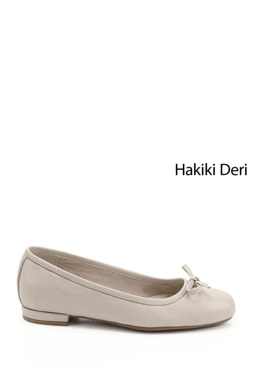 Kadın Bej Antik Fiyonklu Hakiki Deri Babet