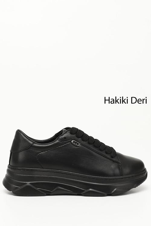 Kadın Siyah Bağcıklı Dolgu Taban Hakiki Deri Sneaker