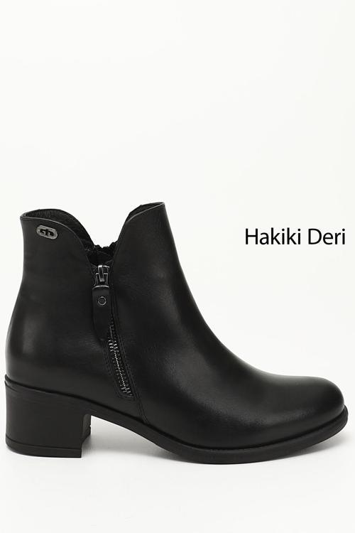 Kadın Siyah Çift Fermuarlı Kalın Topuklu Hakiki Deri Bot