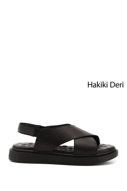 Kadın Siyah Çapraz Bantlı Hakiki Deri Comfort Sandalet