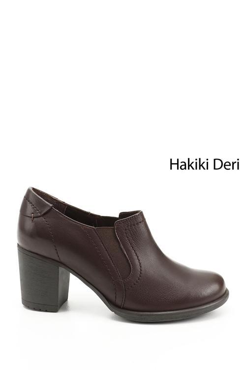Kadın Kahve Antik Orta Kalın Topuklu Hakiki Deri Ayakkabı