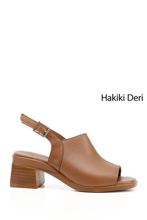 Kadın Taba Antik Kalın Topuklu Hakiki Deri Sandalet
