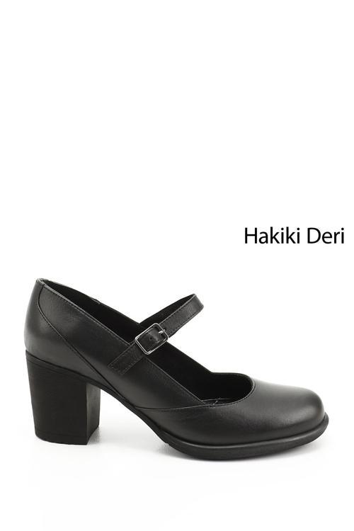 Kadın Siyah Kalın Topuklu Mary Jane Hakiki Deri Ayakkabı