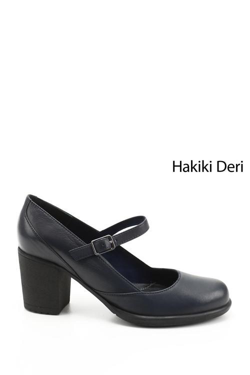 Kadın Lacivert Antik Kalın Topuklu Mary Jane Hakiki Deri Ayakkabı