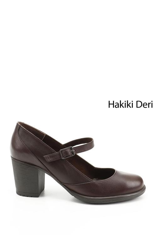 Kadın Kahve Antik Kalın Topuklu Mary Jane Hakiki Deri Ayakkabı