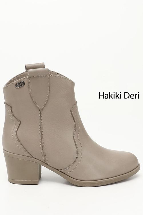Kadın Bej Kalın Topuklu Hakiki Deri Kovboy Bot