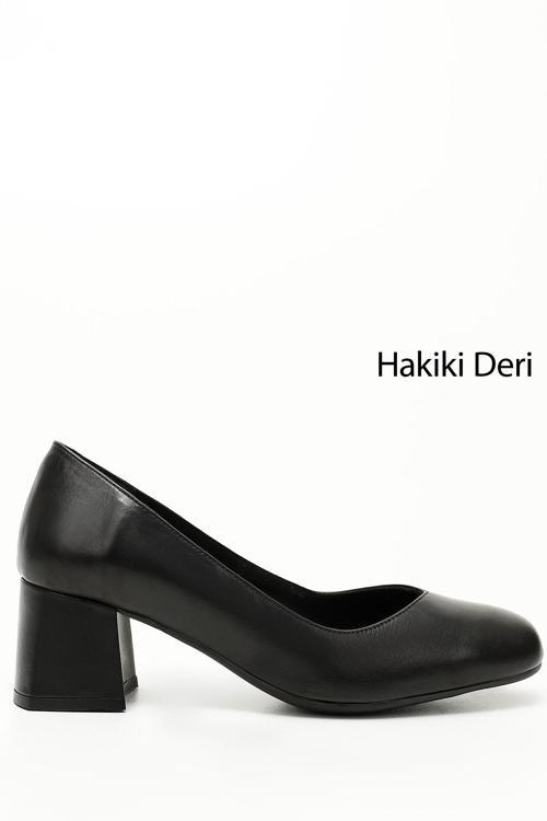 Kadın Siyah Küt Burun Orta Kalın Topuklu Hakiki Deri Ayakkabı