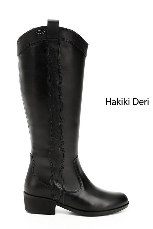 Kadın Siyah Fermuarlı Kalın Topuklu Hakiki Deri Kovboy Çizme