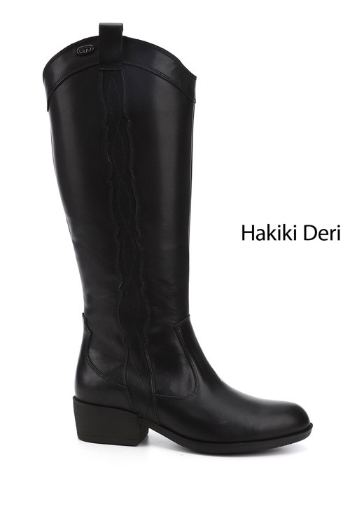 Kadın Siyah Fermuarlı Kalın Topuklu Hakiki Deri Kovboy Çizme