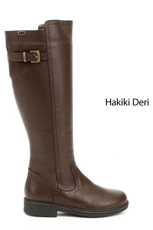 Kadın Kahve Floter Fermuarlı Kauçuk Taban Hakiki Deri Çizme
