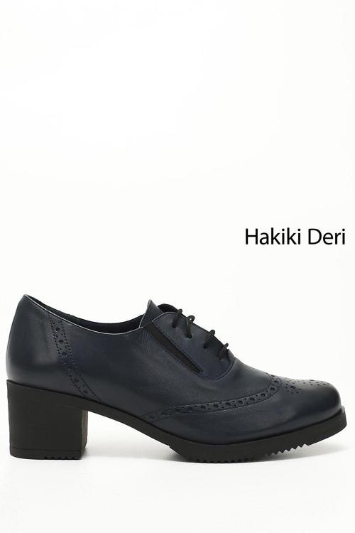 Kadın Lacivert Antik Bağcıklı Orta Kalın Topuklu Hakiki Deri Oxford Ayakkabı