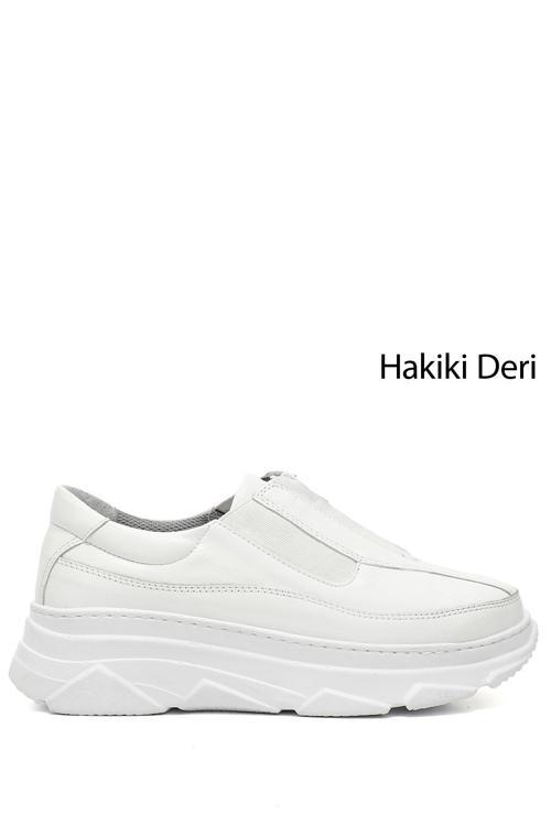 Kadın Beyaz Fermuarlı Dolgu Taban Hakiki Deri Sneaker