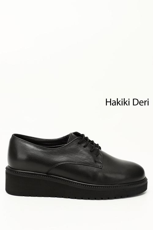Kadın Siyah Bağcıklı Dolgu Taban Hakiki Deri Ayakkabı
