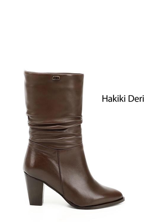 Kadın Kahve Antik Sivri Burun Körüklü Kalın Topuklu Hakiki Deri Çizme