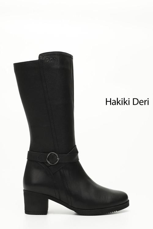 Kadın Siyah Fermuarlı Kalın Topuklu Hakiki Deri Çizme