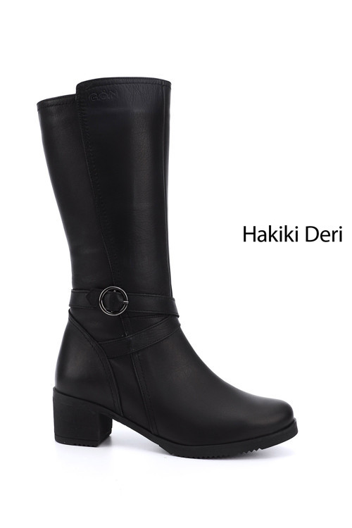 Kadın Siyah Fermuarlı Kalın Topuklu Hakiki Deri Çizme