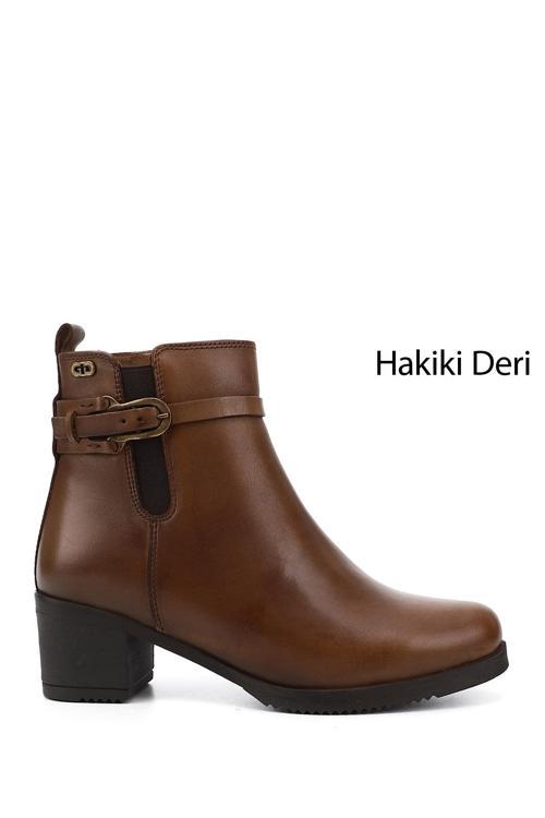 Kadın Taba Antik Fermuarlı Kalın Topuklu Hakiki Deri Bot