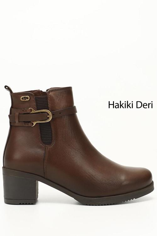 Kadın Kahve Antik Fermuarlı Kalın Topuklu Hakiki Deri Bot
