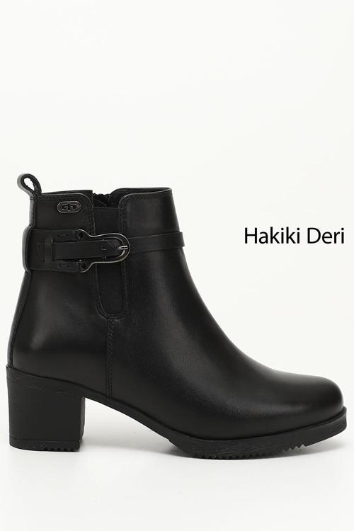 Kadın Siyah Fermuarlı Kalın Topuklu Hakiki Deri Bot