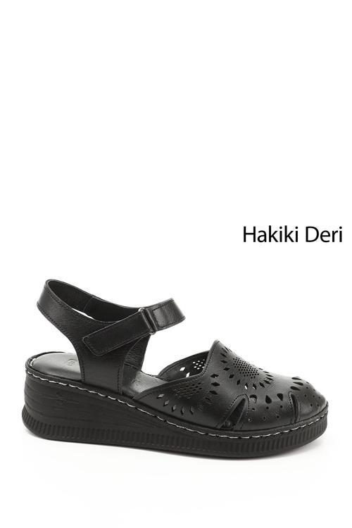 Kadın Siyah Cırt Bantlı Hakiki Deri Dolgu Tabanlı Sandalet