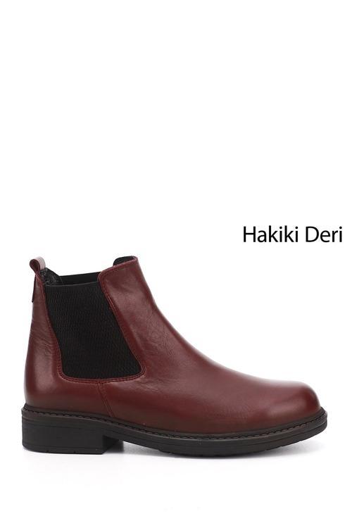 Kadın Bordo Antik Kauçuk Taban Hakiki Deri Chelsea Bot