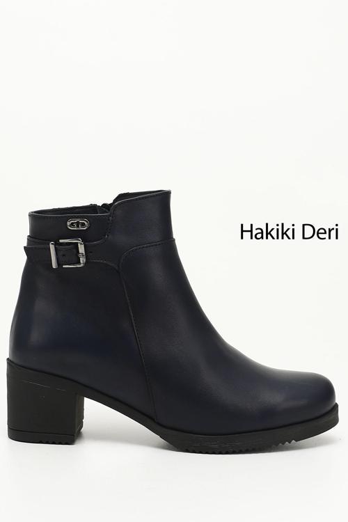 Kadın Lacivert Antik Fermuarlı Kalın Topuklu Hakiki Deri Bot