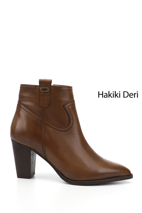 Kadın Taba Antik Fermuarlı Sivri Burun Hakiki Deri Bot