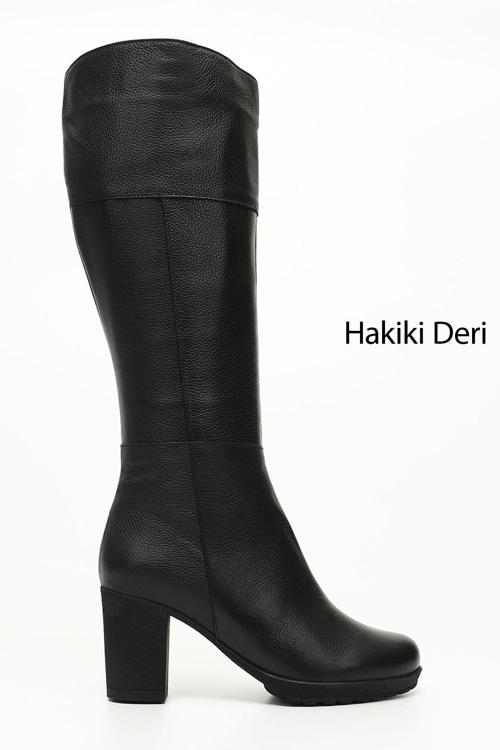 Kadın Siyah Floter Fermuarlı Kalın Topuklu Hakiki Deri Çizme