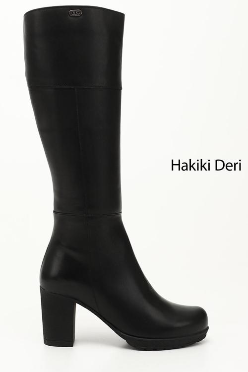Kadın Siyah Fermuarlı Kalın Topuklu Hakiki Deri Çizme