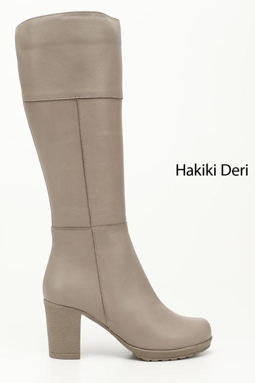 Kadın Bej Fermuarlı Kalın Topuklu Hakiki Deri Çizme