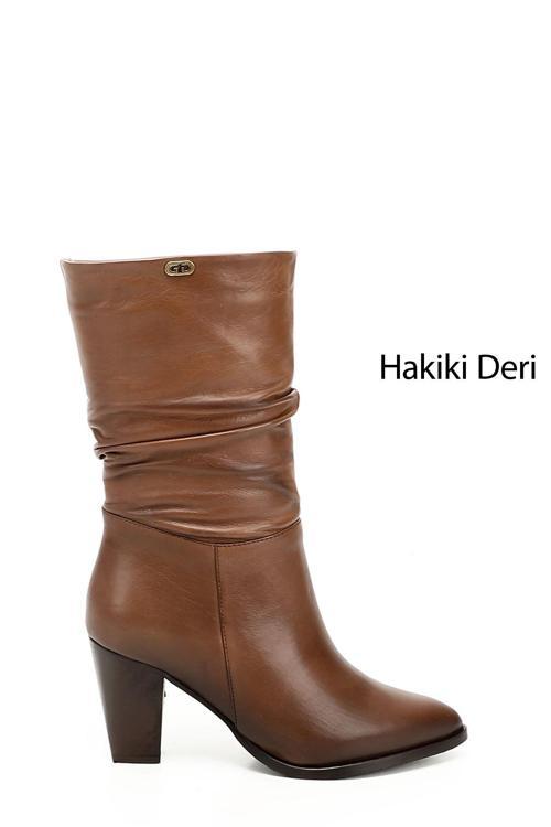 Kadın Taba Antik Sivri Burun Körüklü Kalın Topuklu Hakiki Deri Çizme