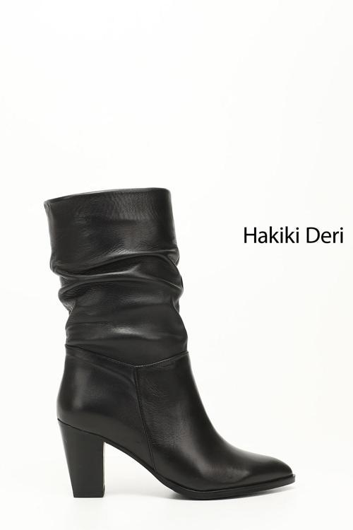 Kadın Siyah Sivri Burun Körüklü Kalın Topuklu Hakiki Deri Çizme