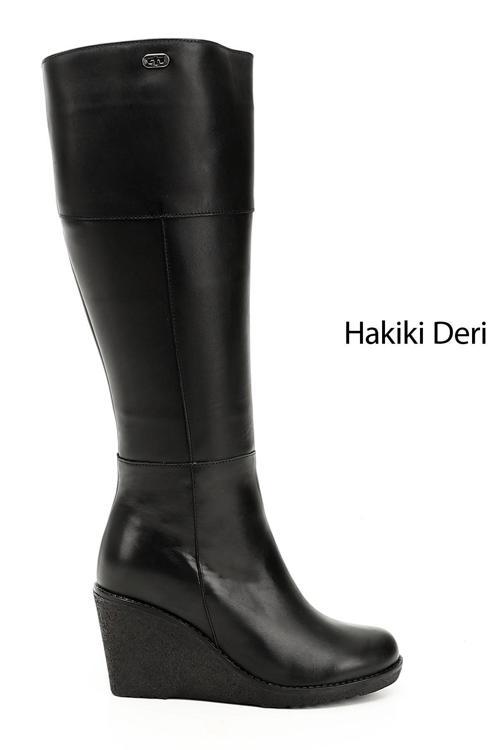 Kadın Siyah Fermuarlı Dolgu Topuklu Hakiki Deri Çizme