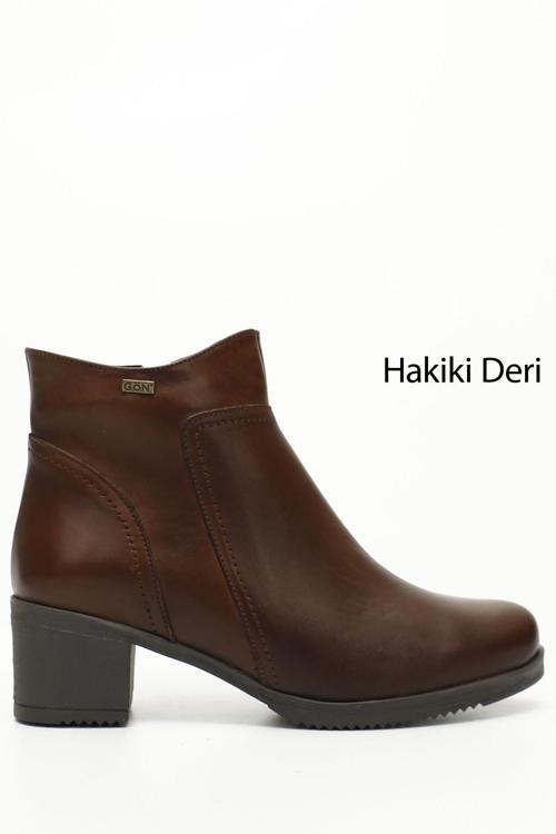 Kadın Kahve Antik Fermuarlı Kalın Topuklu Hakiki Deri Bot