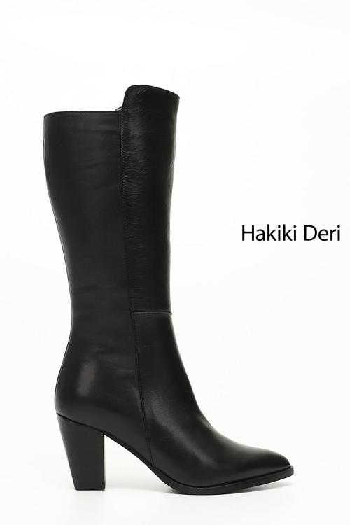 Kadın Siyah Sivri Burun Kalın Topuklu Hakiki Deri Çizme