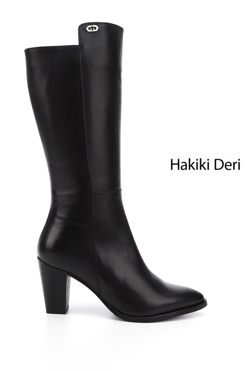 Kadın Siyah Sivri Burun Kalın Topuklu Hakiki Deri Çizme