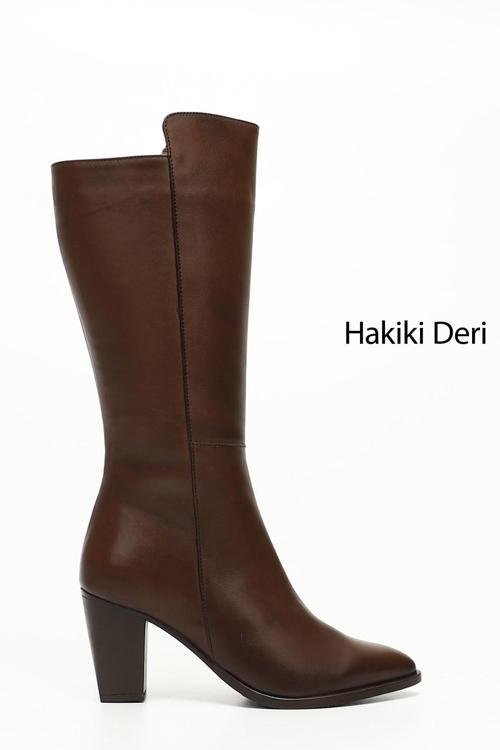 Kadın Kahve Antik Sivri Burun Kalın Topuklu Hakiki Deri Çizme